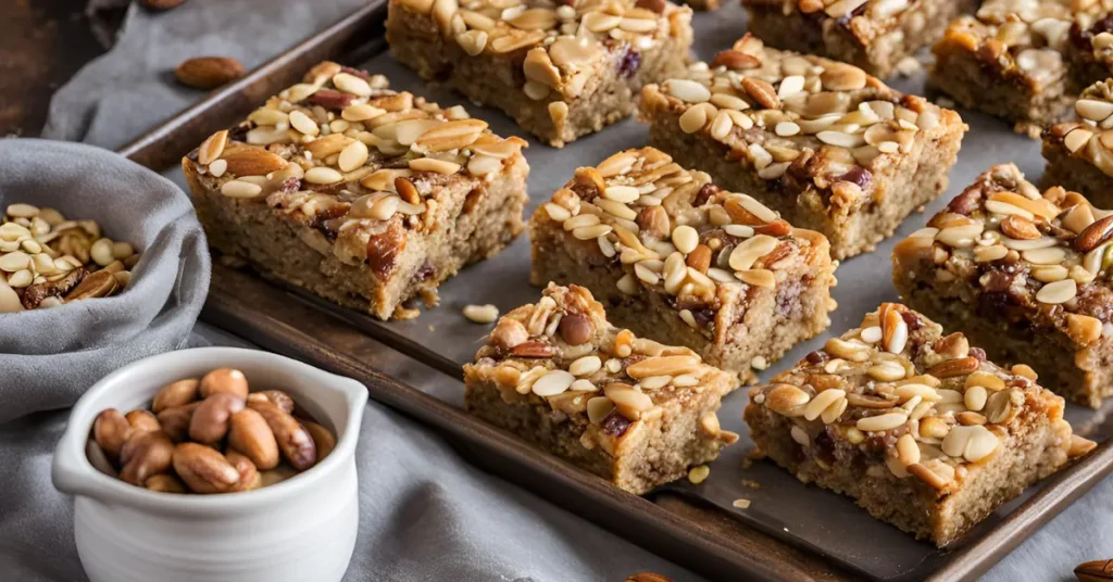 Freshly baked diabetic breakfast bars on a rustic kitchen counter with oats, nuts, and honey.