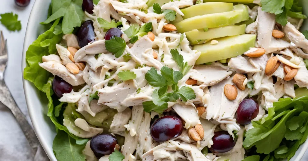 A bowl of Frontier Chicken Salad with grapes, almonds, and fresh herbs.