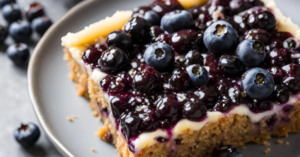 A delicious quick dessert made with frozen blueberries, served in a white dish.