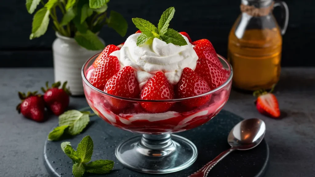 Fresh strawberry dessert in a glass bowl