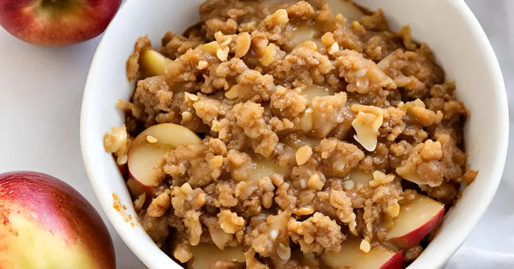 A warm apple crisp with a golden, crunchy topping served in a white bowl.