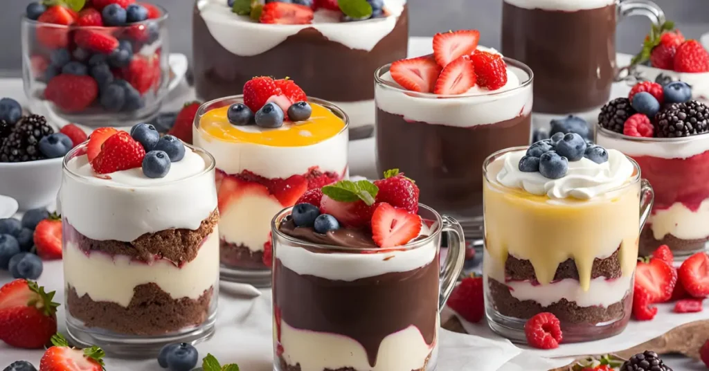 A selection of super quick desserts including no-bake cheesecake, chocolate mug cake, and fresh fruit parfait.