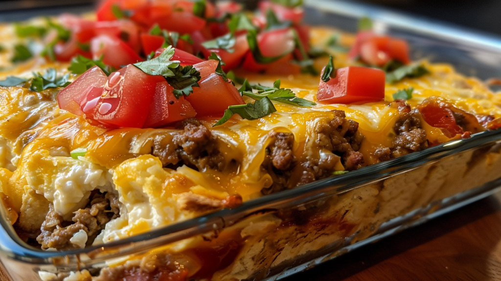 Close-up of a delicious breakfast taco casserole held by hand with a resort island background.