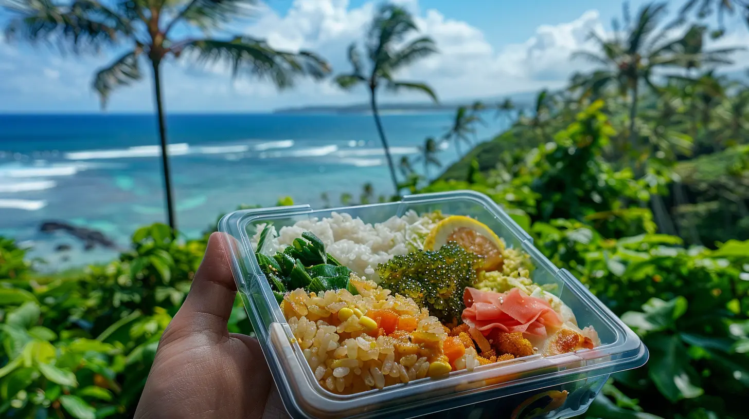 delicious Chicken Salad Wrap held by hand with a tropical resort island background.