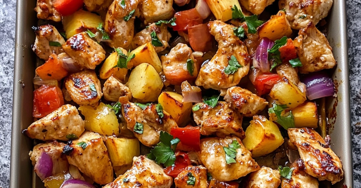 Hawaiian Chicken Sheet Pan Recipe with roasted chicken, pineapple, and vegetables.