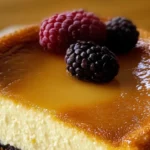 a silky smooth Caramel-Topped Cheesecake with fresh berries, held by hand against a scenic island backdrop.