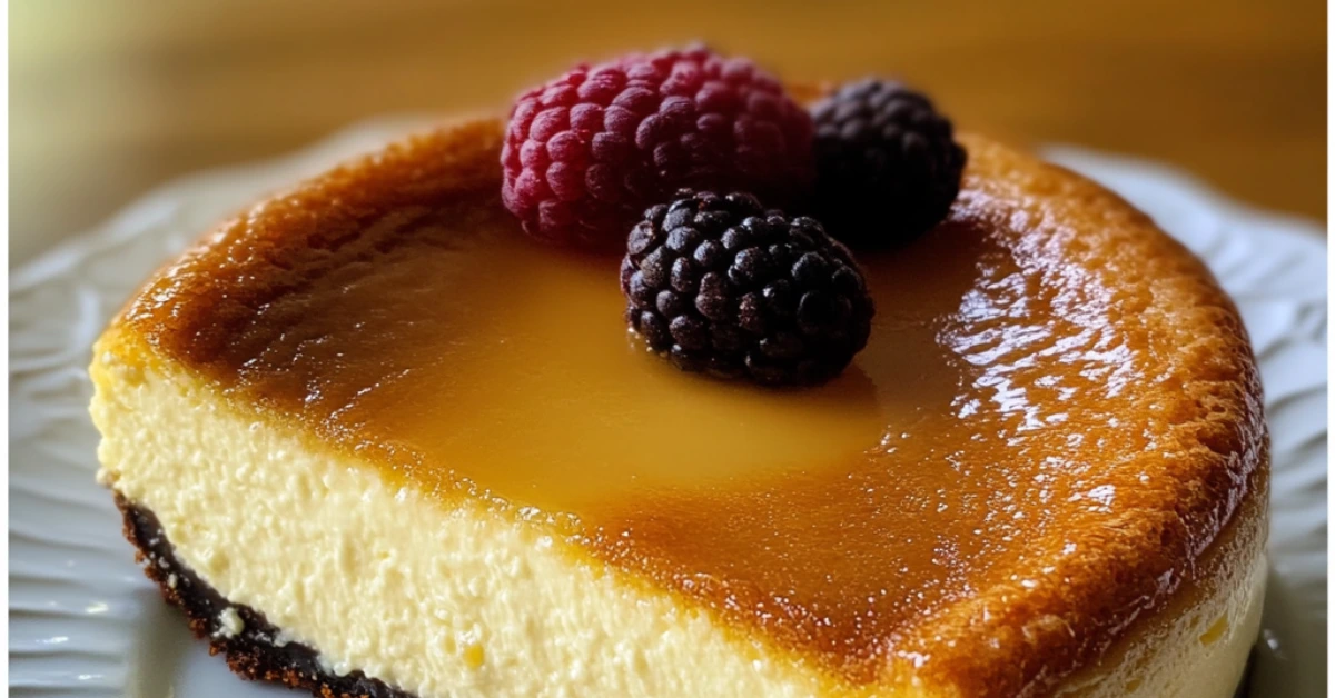 a silky smooth Caramel-Topped Cheesecake with fresh berries, held by hand against a scenic island backdrop.