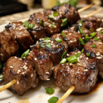 A closeup of juicy Teriyaki Beef Skewers held by hand, with a scenic resort island background. Vibrant colors and detailed textures highlight the perfectly grilled skewers.