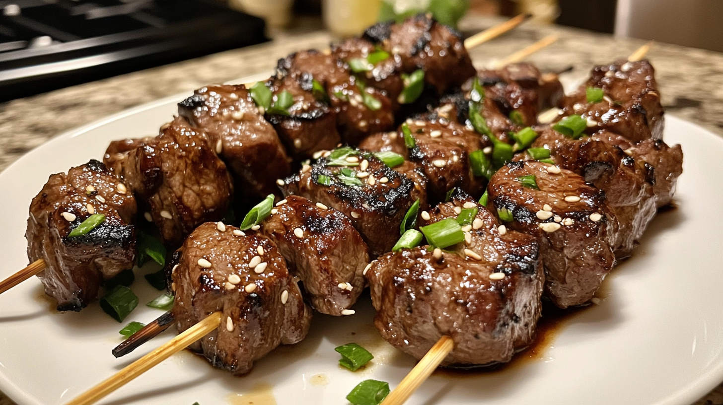 A closeup of juicy Teriyaki Beef Skewers held by hand, with a scenic resort island background. Vibrant colors and detailed textures highlight the perfectly grilled skewers.