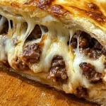 Close-up view of a golden, cheesy stuffed pastry filled with savory meat and melted cheese, garnished with herbs, served on a wooden cutting board.