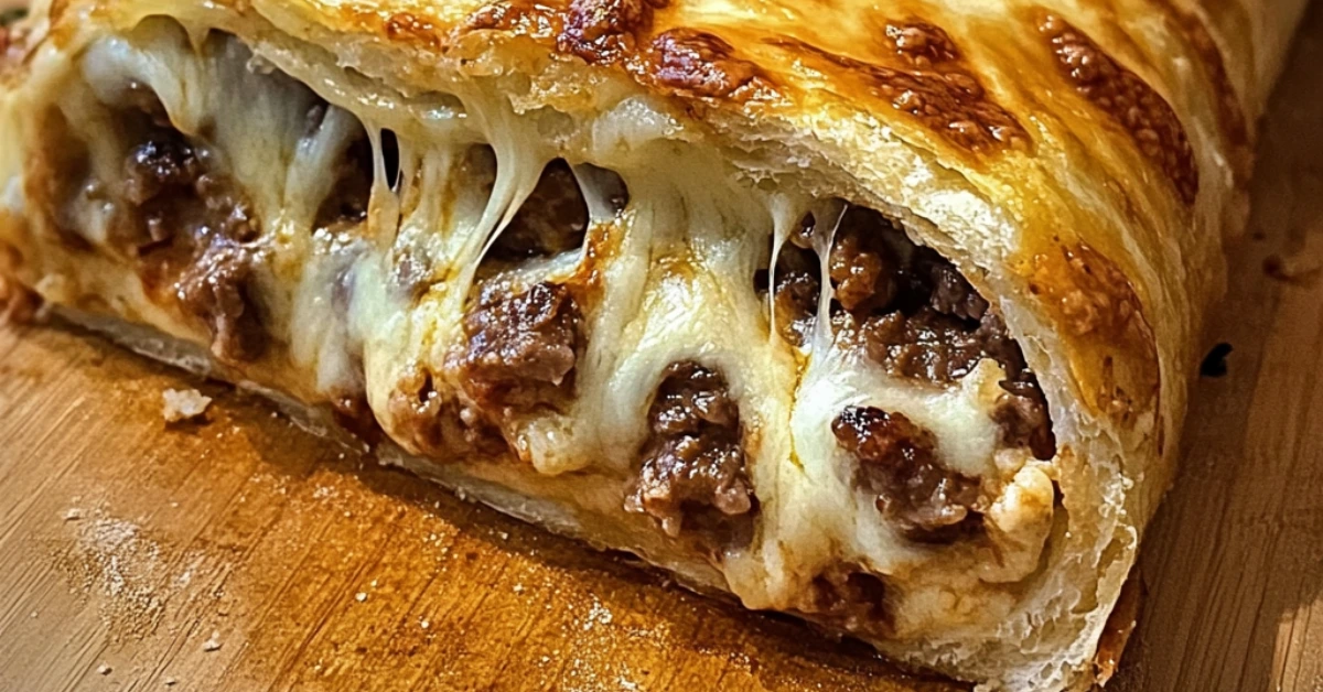 Close-up view of a golden, cheesy stuffed pastry filled with savory meat and melted cheese, garnished with herbs, served on a wooden cutting board.