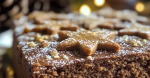 A moist homemade gingerbread cake slice topped with powdered sugar on a white plate.