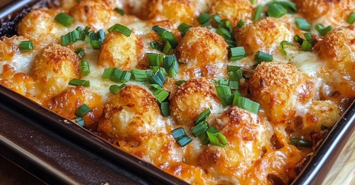 Close-up of a crispy, cheesy Tater Tot Casserole served in a dish, with golden tater tots on top.